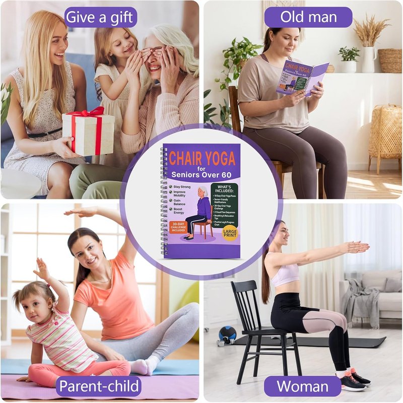Chair Yoga for Seniors Over 60 - 30-Day Gentle Seated Yoga Guide | Weight Loss & Flexibility Chart (Purple)