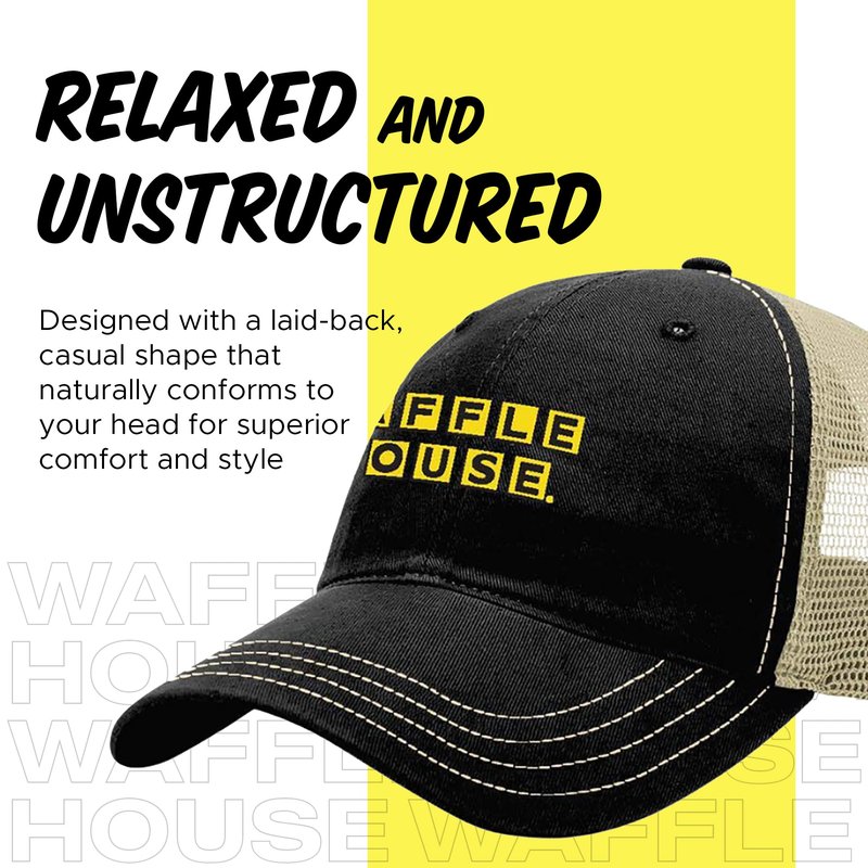 Waffle House Trucker Hat for Men – Garment Washed Mesh Back Cap, Relaxed Fit Adjustable Snapback, Soft Cotton Twill Front, Breathable Casual Trucker Hats