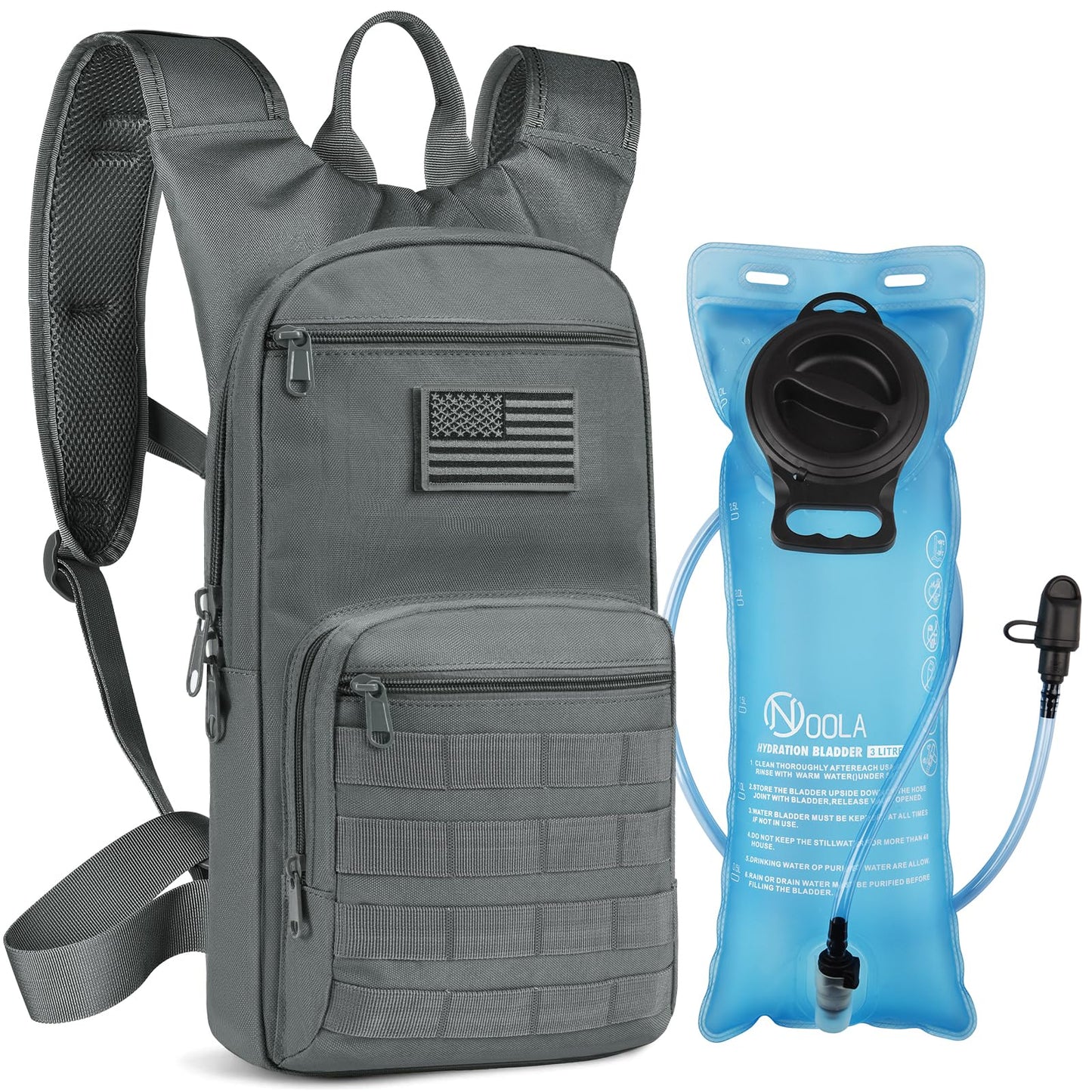 NOOLA 3L Hydration Backpack, Water Backpack with TPU Water Bladder, Tactical Hydration Pack for Men Women, Molle Water Backpack for Hiking, Biking, and Hunting, Grey