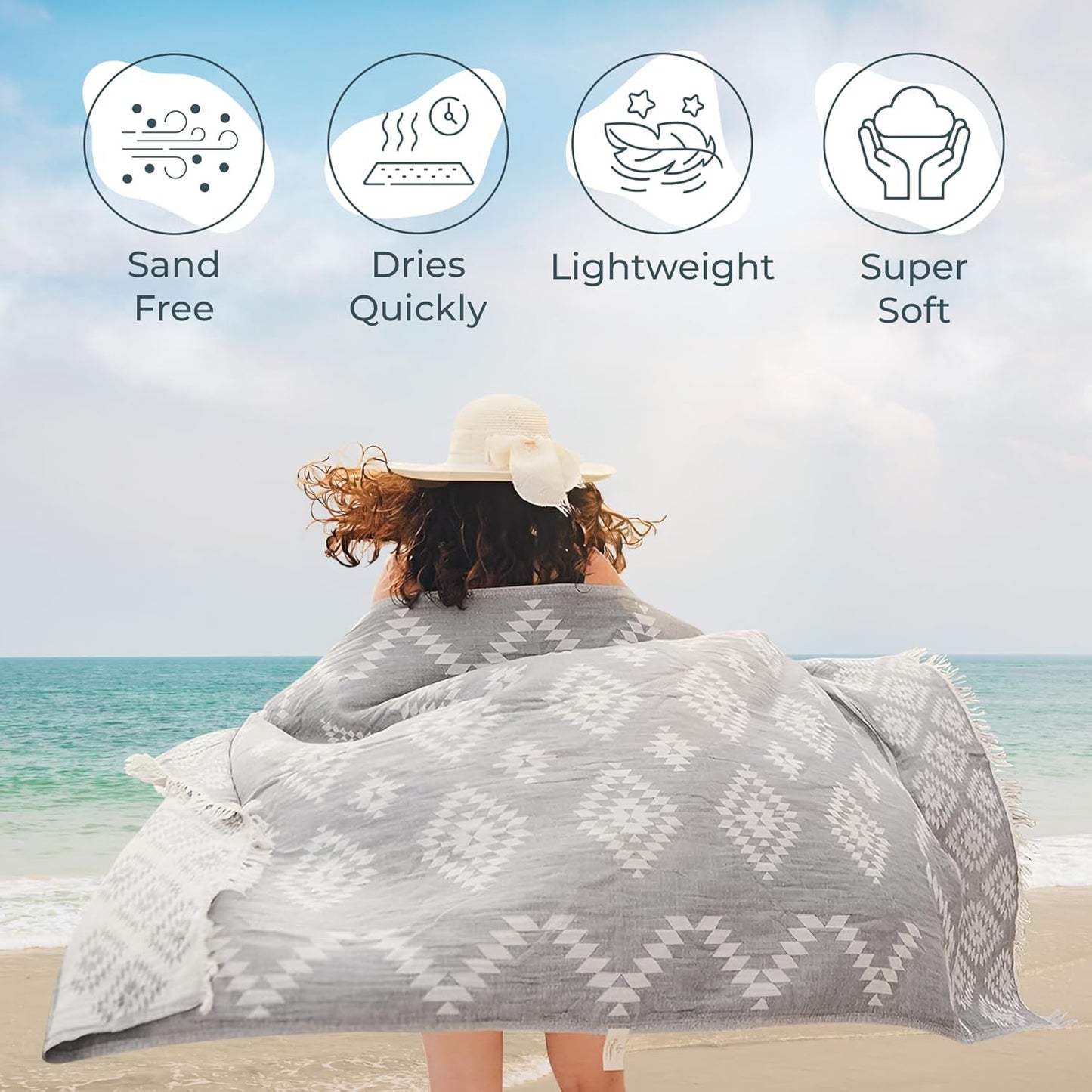 Turkish Beach Towel - Lightweight Quick Dry 100% Cotton | Vintage Dark Grey 35"x67"