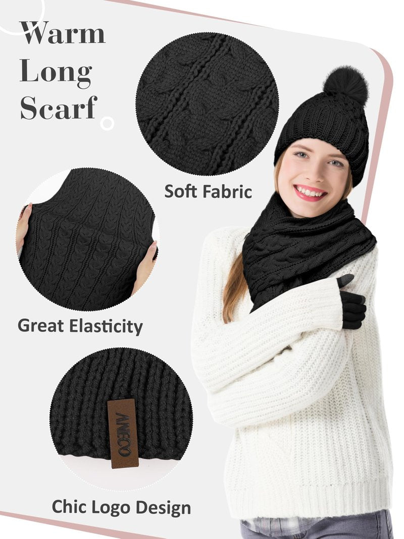 Aneco Women Winter Beanie Hat Scarf Gloves with Pom Pom Fleece Lined Touchscreen Gloves Set Thick Warm Knit Cap 3-in-1 Set Black