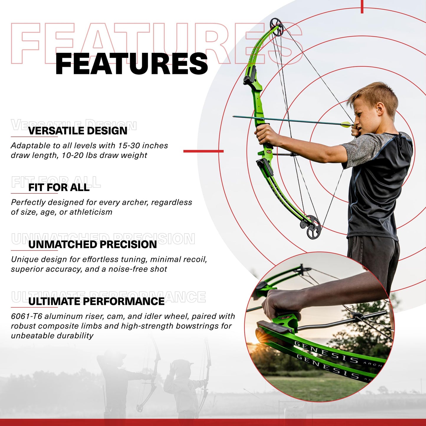 Genesis Archery Original Compound Bow with Adjustable Riser, 15"-30" Draw Length, 10-20 lb Draw Weight, All Skill Levels, Draw Hand - Right, Green
