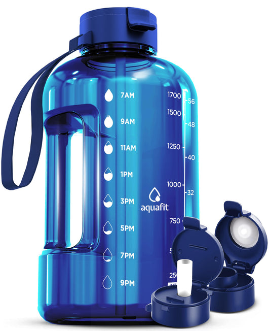 AQUAFIT 64 oz Water Bottle with Time Marker - Straw & Chug Lid - BPA Free Half Gallon Water Bottle, Big Water Bottle with Straw - Gym Water Bottle with Handle, Gallon Water Jug (Blue, 64 oz)