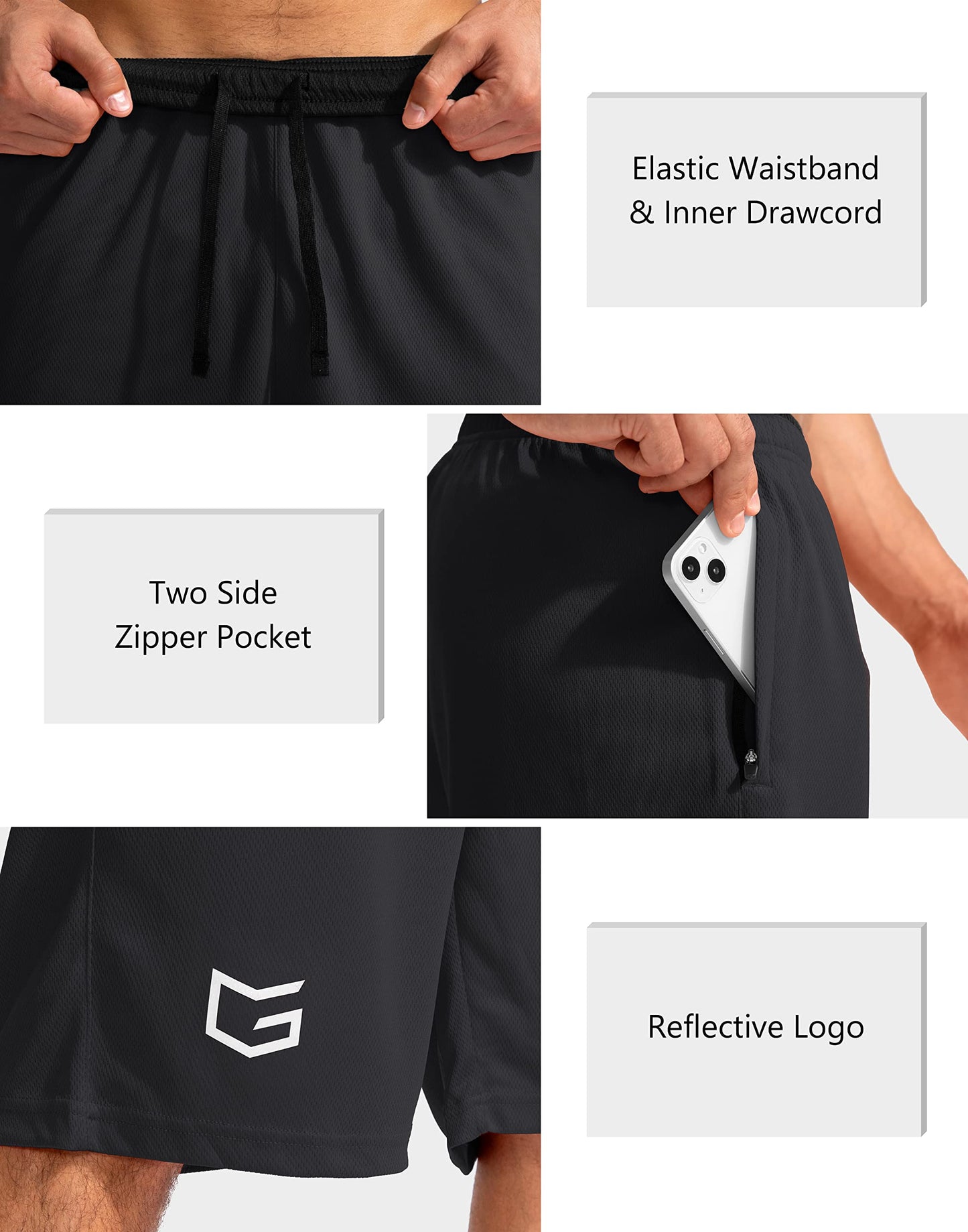 G Gradual Men's Basketball Shorts with Zipper Pockets Lightweight Quick Dry 11" Long Shorts for Men Athletic Gym(Black,M)