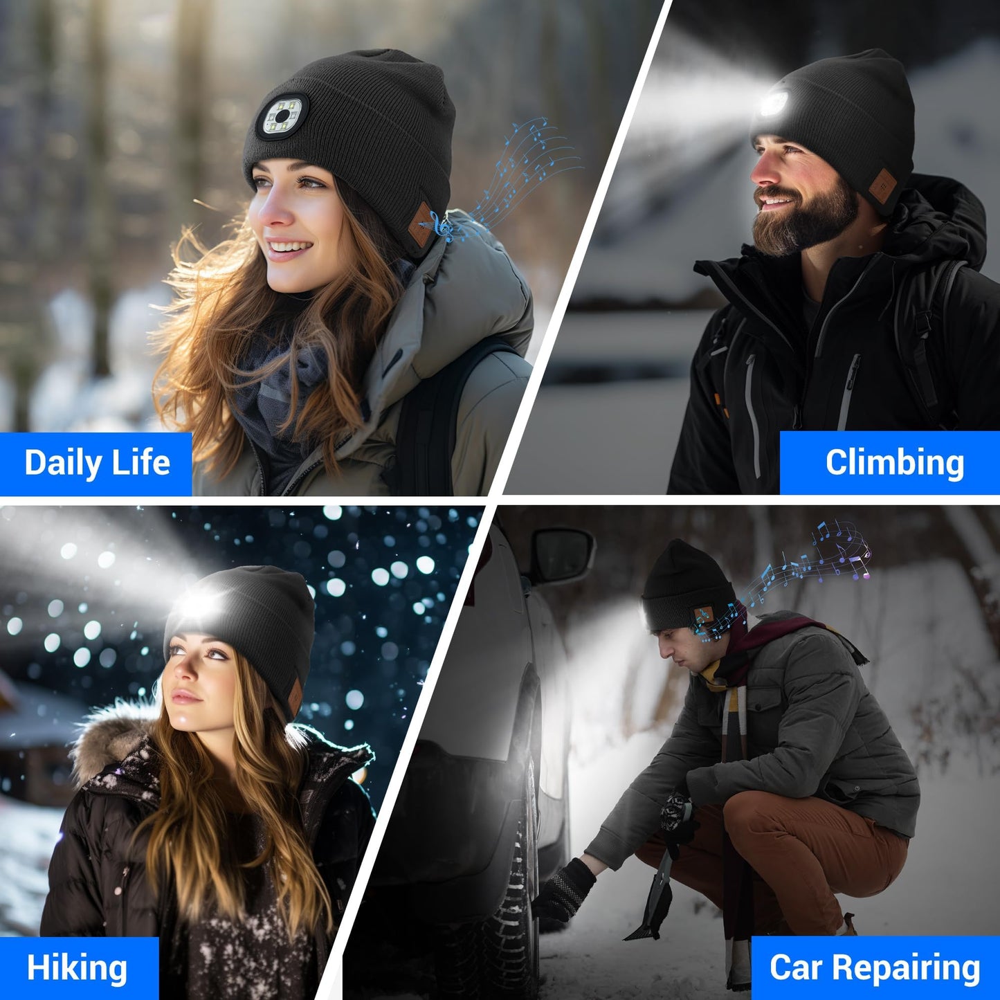 Yontune Bluetooth Beanie Headphone Hat with Light, Unique Tech Gifts for Men Women-Rechargeable LED Skullcap Winter Beanie with Light