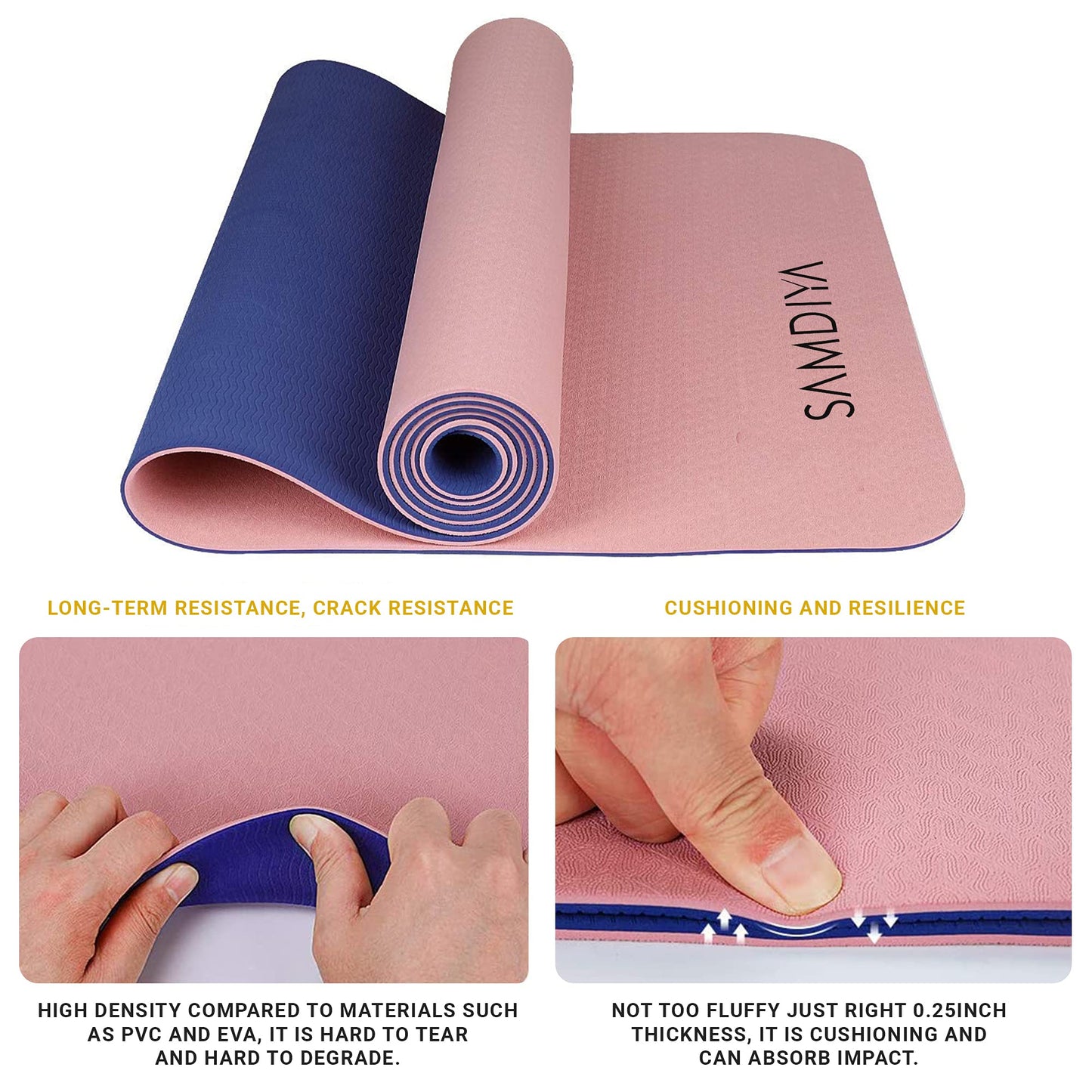 Samdiya Yoga Mat - TPE Classic 1/4 Inch Thick Pro Yoga Mat Eco Friendly Non Slip Fitness Exercise Mat with Carrying Strap-Workout Mat for Yoga, Pilates and Floor Exercises (Magenta-Pink)