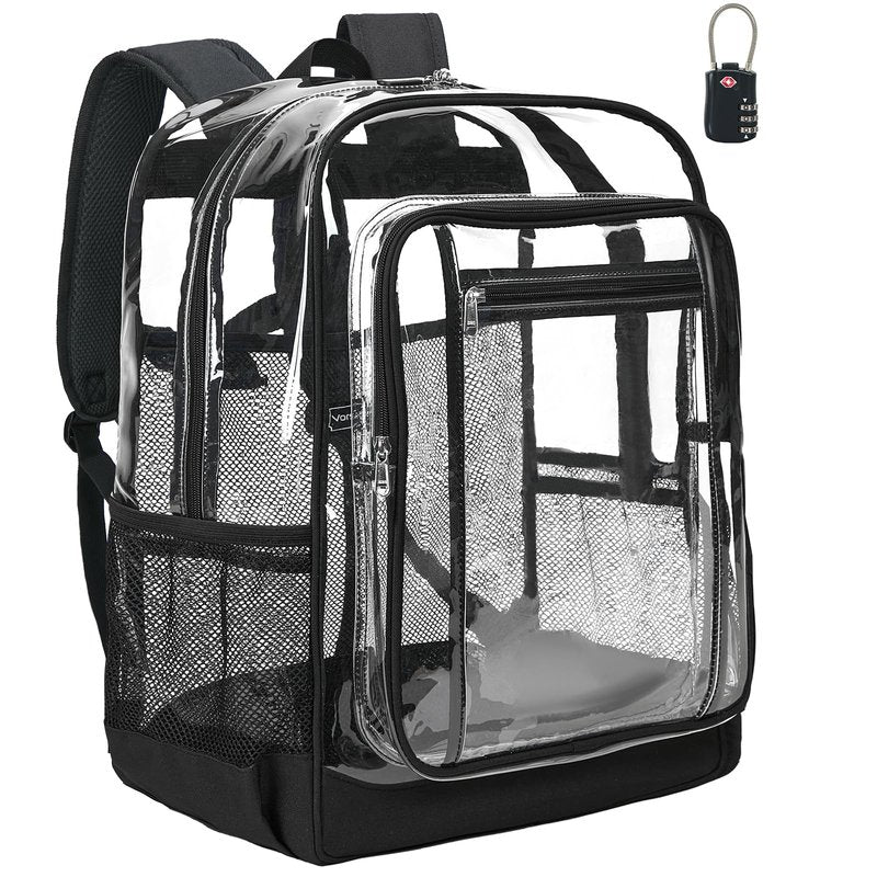 Vorspack Clear Backpack Heavy Duty - Extra Large Clear Backpacks with TSA Lock Transparent See Through Bookbag for College, Work, Travel - Black
