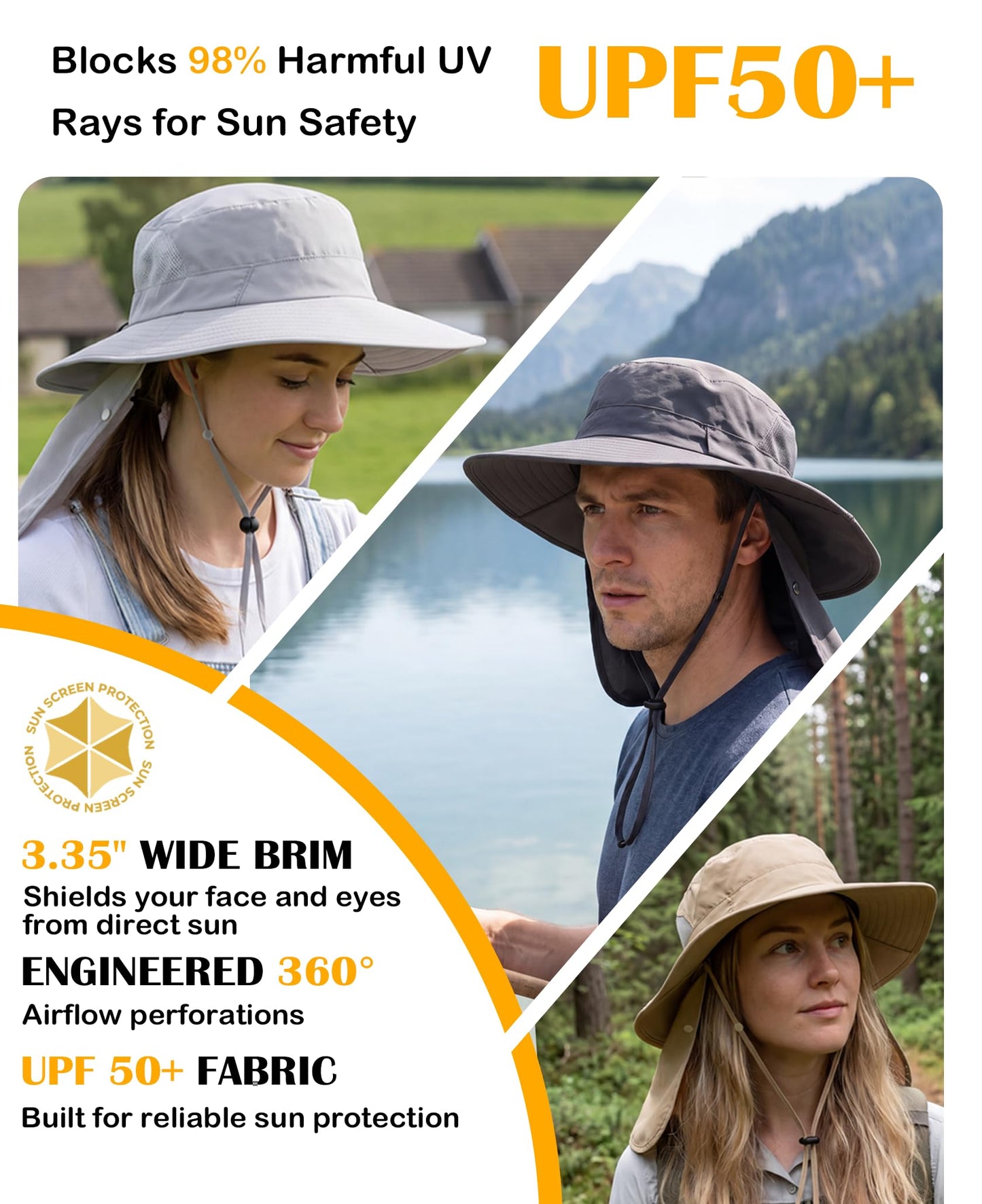 Home Prefer UPF 50+ Wide Brim Sun Hat with Neck Flap for Men Women UV Protection Bucket Hat for Fishing Gardening Hiking Beach Safari Khaki