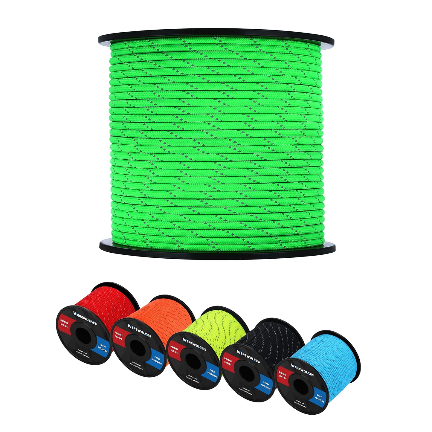 WEREWOLVES Reflective 550&176 lb Paracord - Nylon, Rope Roller,7&3 Strand Utility Parachute Cord for Camping Tent, Outdoor Packaging