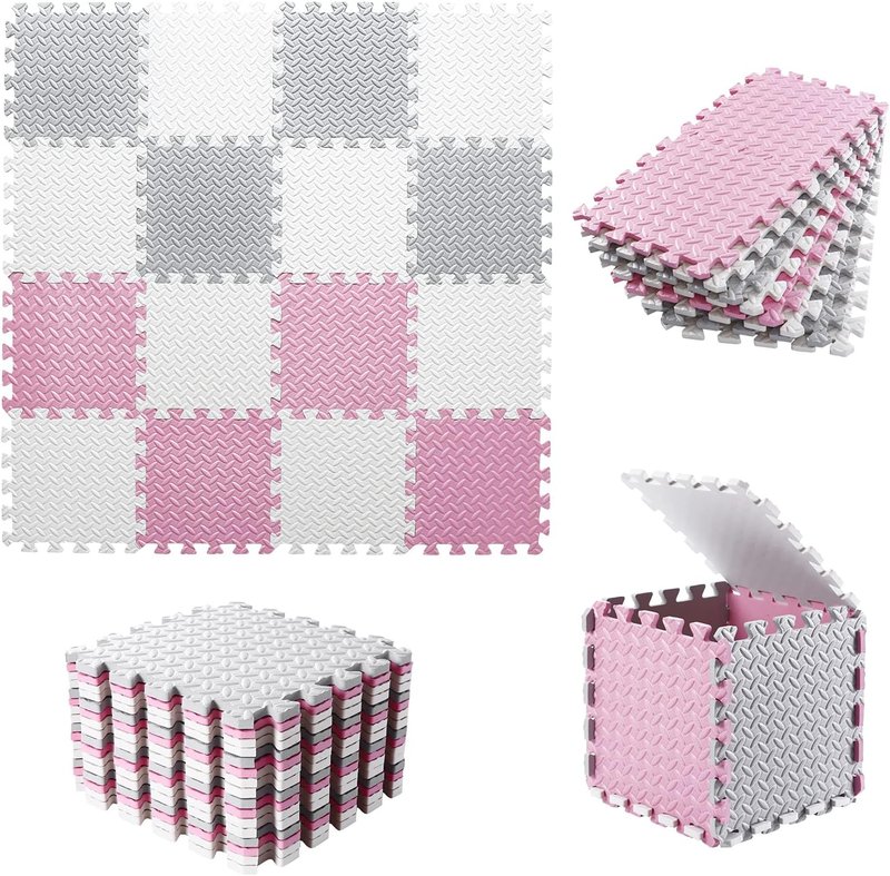 Foam Play Mat for Baby - Soft Non-Toxic Interlocking Floor Mats | 0.4 Inch Thick, 16 Tiles (White/Light Gray/Pink)