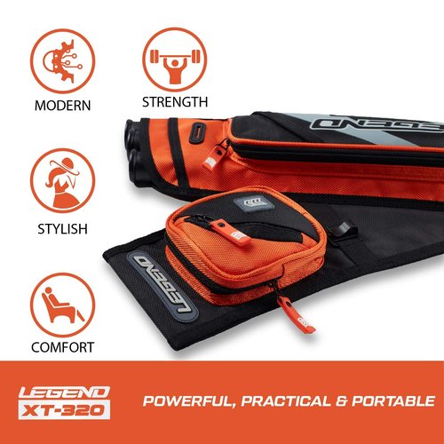 Legend XT320 Archery Quivers - Right Handed Nylon Hip Quivers with 3 Arrow Tube Cases for Target Shooting - Adjustable Waist Belt, T-Slot, Compartments for Accessories, Tools, Release Tab - Orange