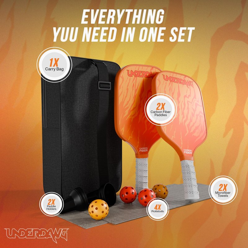 Pickleball Paddles Set of 2, USAPA Approved T300 Carbon Fiber, Polypropylene Honeycomb Core, Anti-Slip Grip, 4 Pickleballs, Carry Bag, Pickleball Paddle Set for Men and Women (Fiery Orange)
