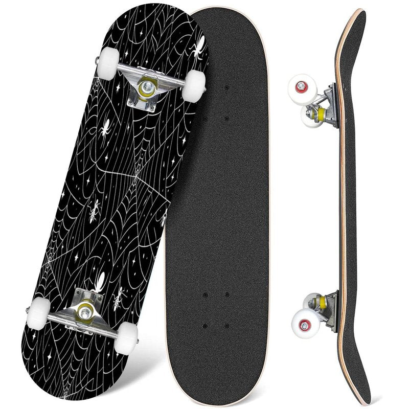 EFTOWEL Skateboards Black Spider Web Seamless Pattern with White Spiders Vector Seamless Classic Concave Skateboard Cool Stuff Teen Gifts Longboard Extreme Sports for Beginners and Professionals