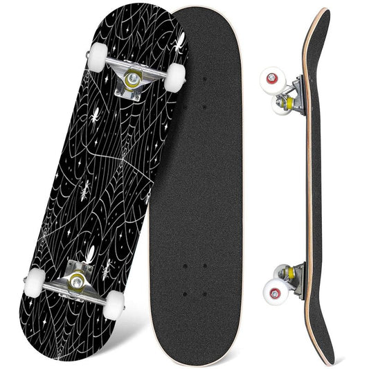 EFTOWEL Skateboards Black Spider Web Seamless Pattern with White Spiders Vector Seamless Classic Concave Skateboard Cool Stuff Teen Gifts Longboard Extreme Sports for Beginners and Professionals