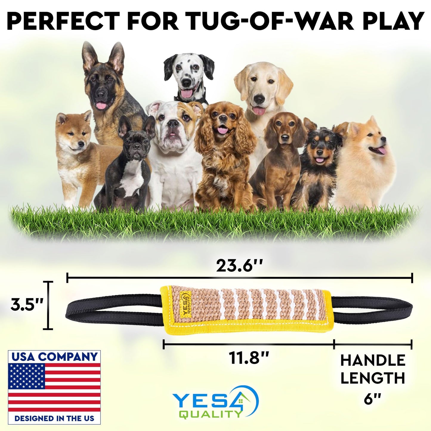 Dog Bite Tug Toy 12 x 3.2 Inches - Durable Pull Toy with 2 Soft & Strong Handles - Tough Jute Bite Pillow for Medium to Large Dogs - Ideal for Tug of War, Fetch, K9, Puppy Training & Interactive Play