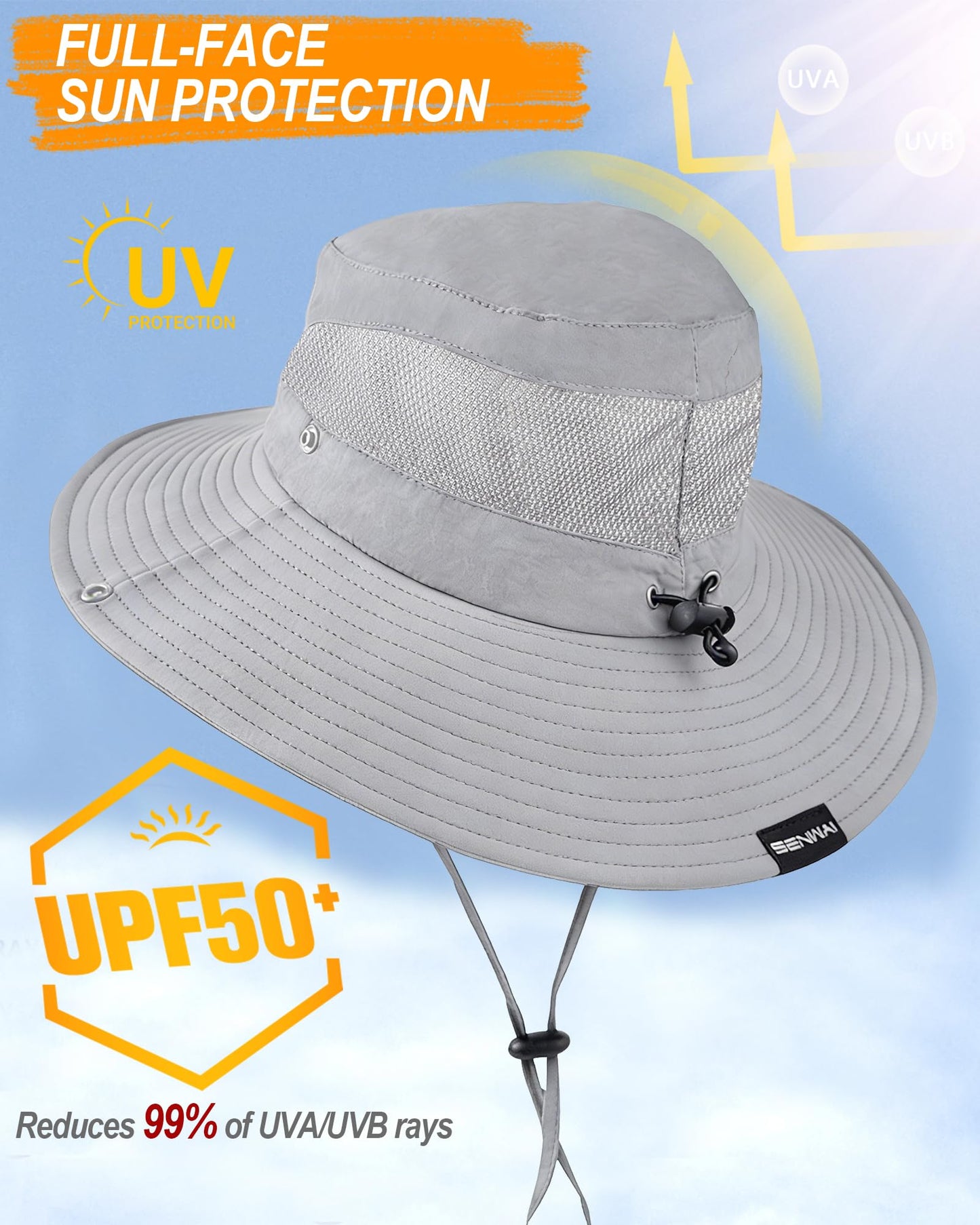 SENWAI Unisex UPF50+ Sun Hat with Ponytail Hole, UV Protection Wide Brim Bucket Hat for Men Women Beach Hiking Fishing, Light Gray