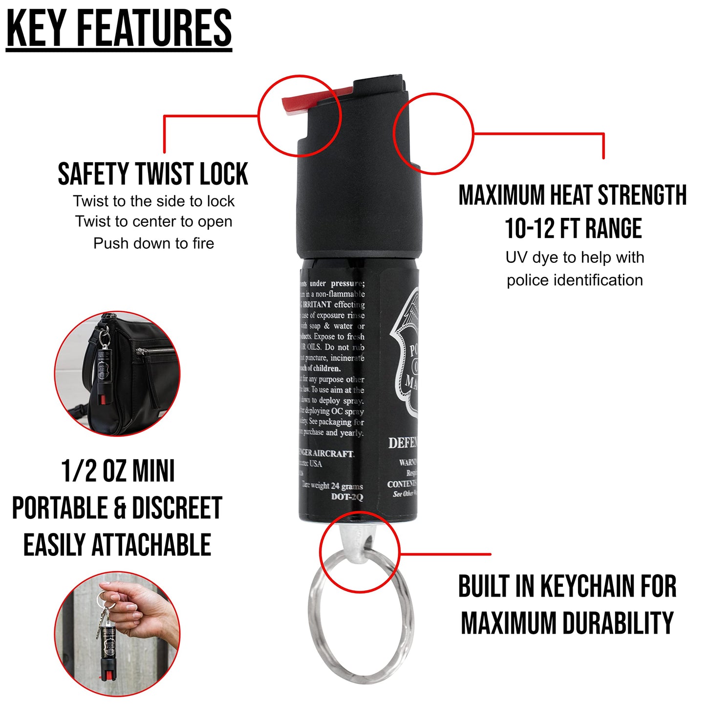 Police Magnum Mini Pepper Spray Self Defense Safety Tool- Strong Built-in Keyring Holder- Small Discreet Canister Case- Made in The USA- 1 Pack 1/2oz RED Twist Lock Keyring