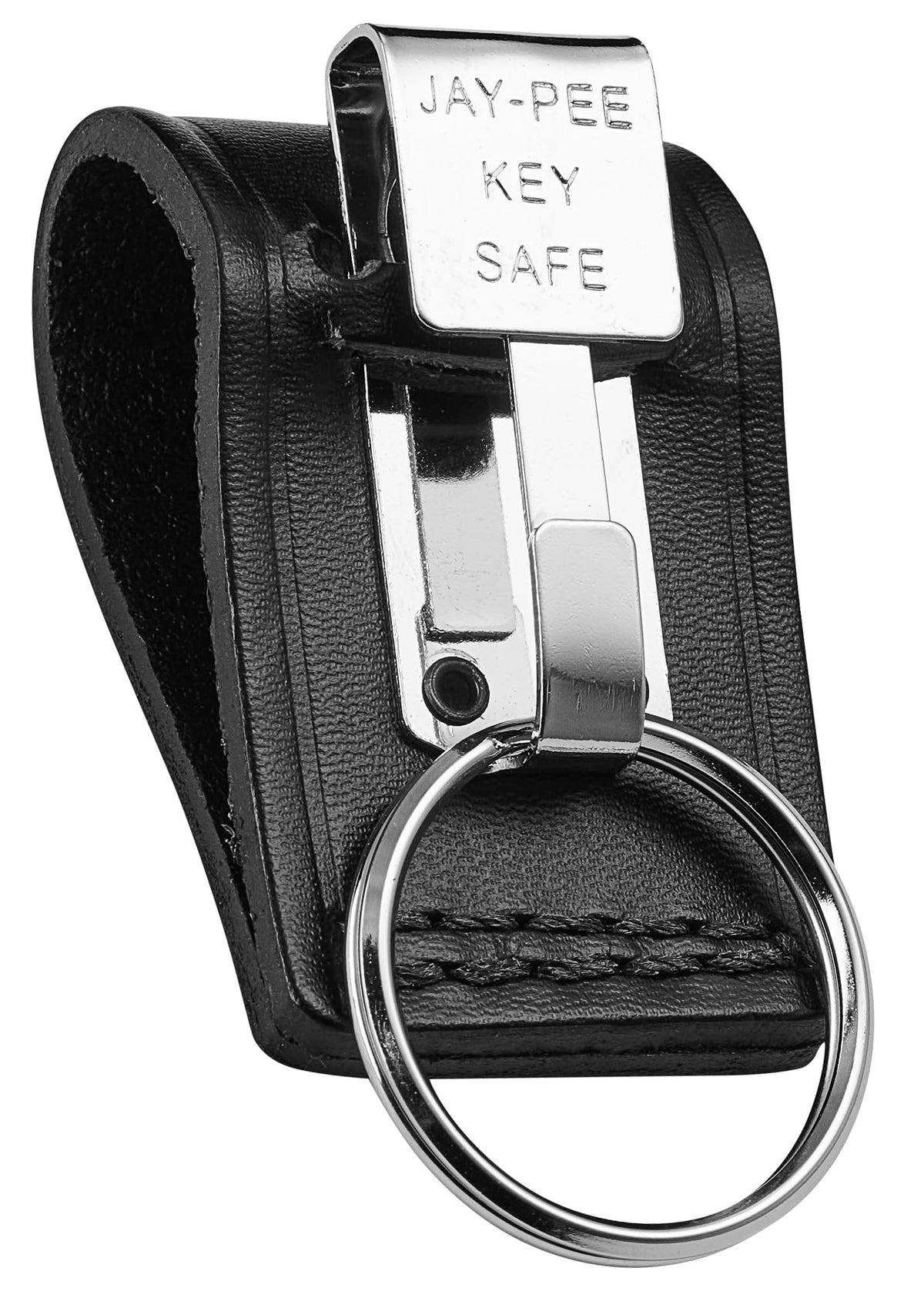 JAY-PEE Black Leather Duty Belt Key Holder, Officer Accessory, Law Enforcement Ring Carrier, Tactical Belt Loop Keychain Security with 1 Chrome Detachable Key Ring Safety Hook for up to 2.25" Belts