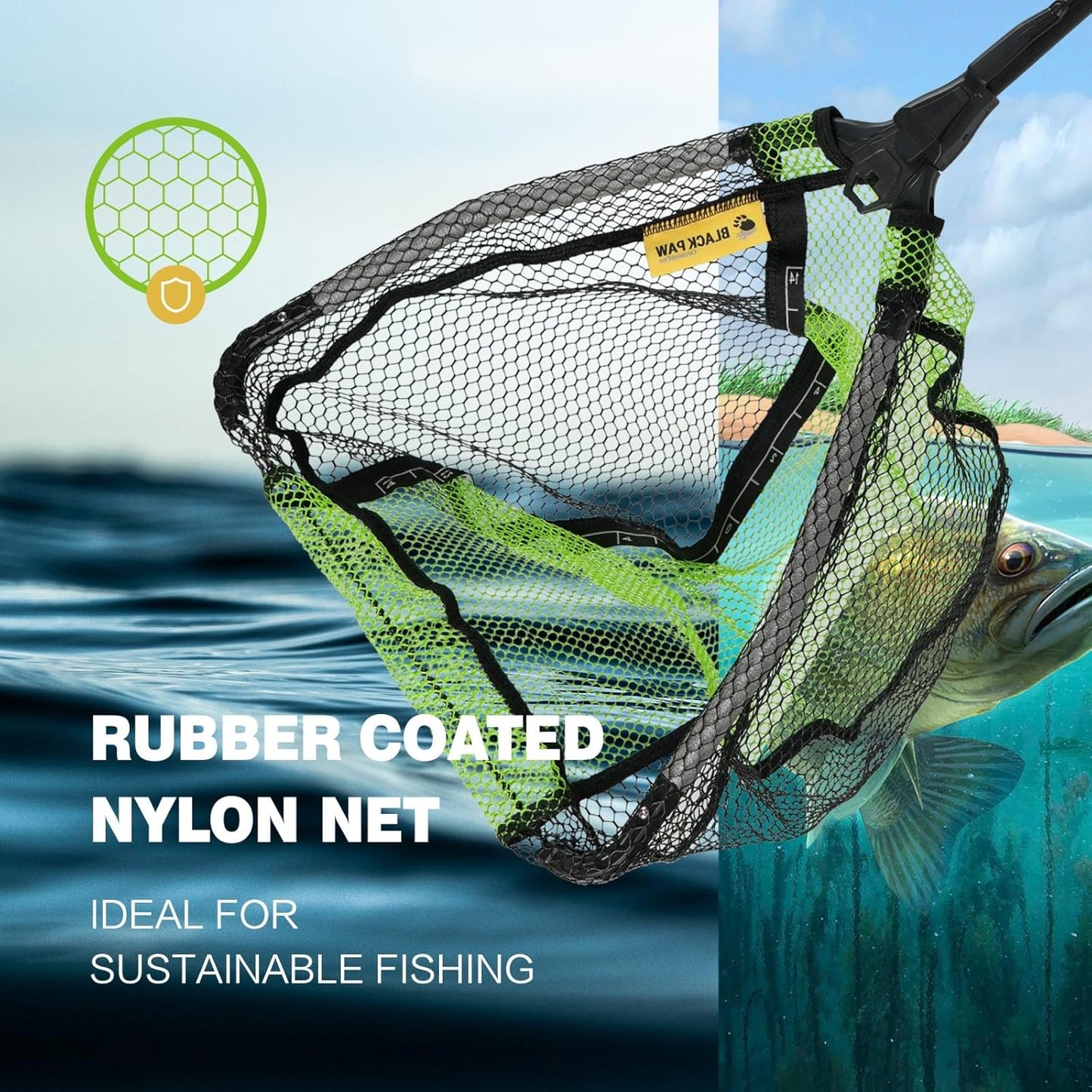 Telescopic Fishing Net - Foldable Black Paw Design with Built-In Length Scale | Rubber Coated for Kayak & Trout