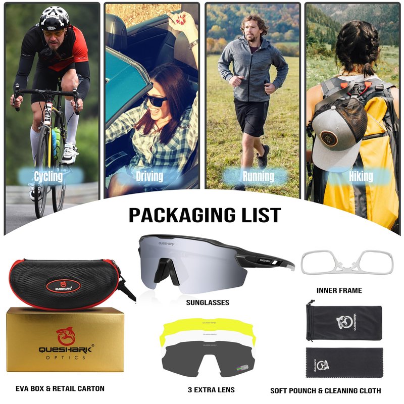 Queshark Polarized Sports Sunglasses, 4 Interchangeable Lenses | UV400 Protection, Cycling Glasses for Mountain Bike Running