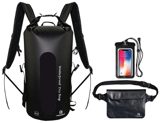 Freegrace Waterproof Dry Bag Set of 3 - Submersible Dry Sack with Double Zip Lock Seals - Includes Waist Pouch & Phone Case - Perfect for Kayaking, Swimming, Boating & Rafting (Window, Black, 35L)