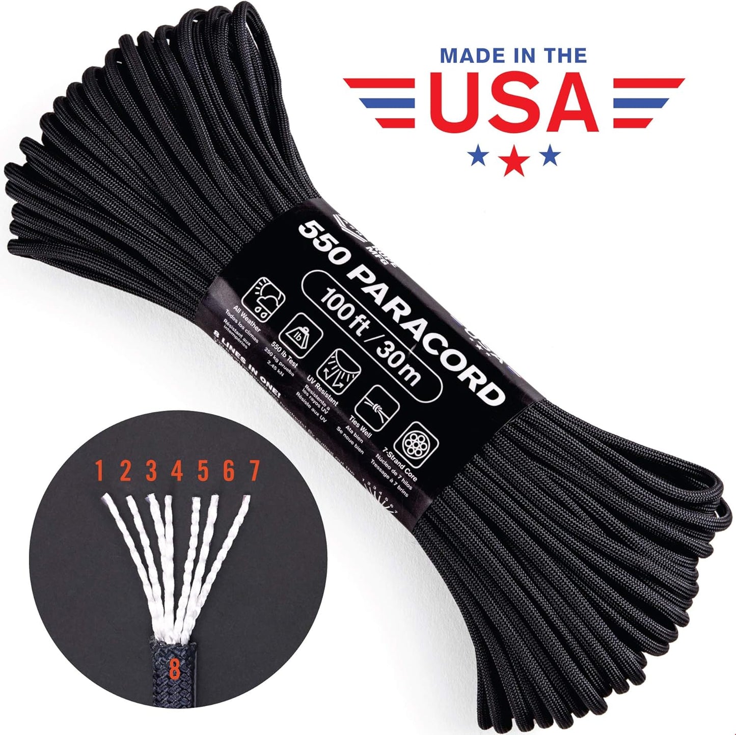 Atwood Rope MFG 550 Paracord - 100 Feet Durable Nylon Survival Cord | Ideal for Lanyards, Bracelets, Keychains (Abyss)