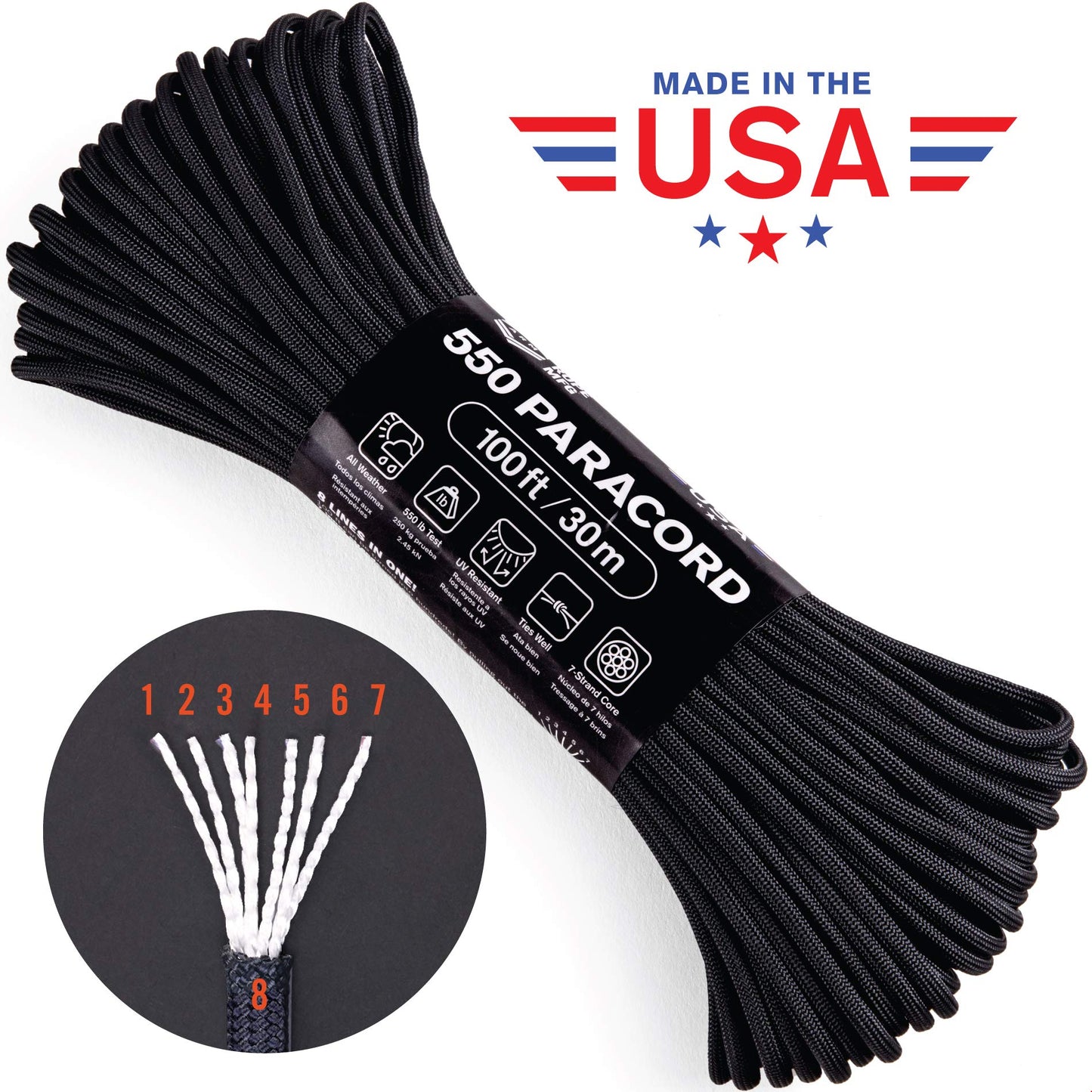 Atwood Rope MFG 550 Paracord 100 Feet 7-Strand Core Nylon Parachute Cord Outside Survival Gear Made in USA | Lanyards, Bracelets, Handle Wraps, Keychain (Burnt Orange)