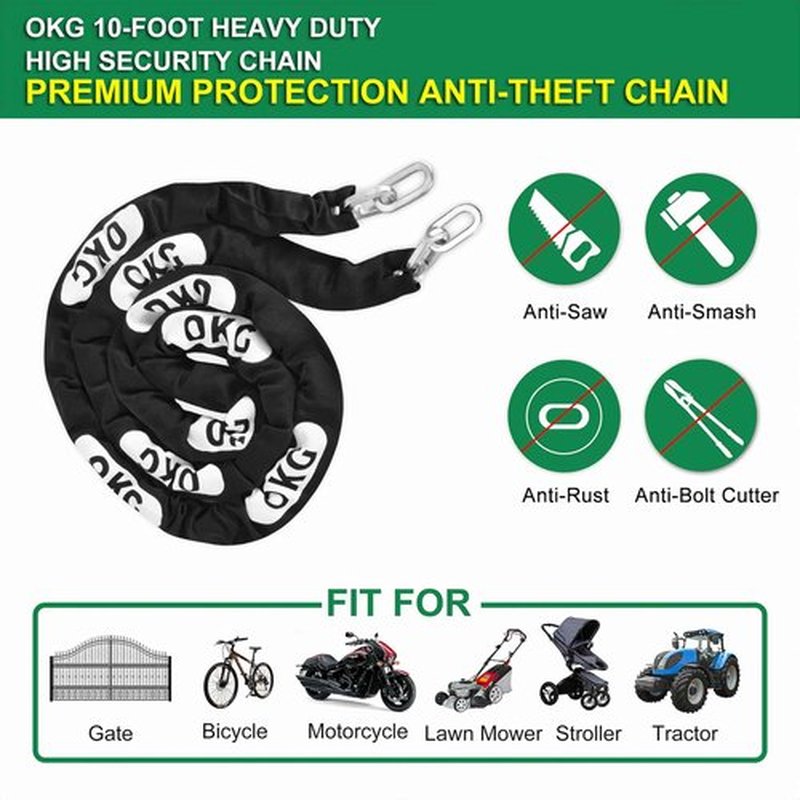 OKG High Security Chain - 10 Foot x 5/16” (8mm) Thick Square Heavy Duty Chain - Cut Proof Chain Hardened Steel Chain for Motorcycles, E-Bikes, Trailers, Generators, Fence Gates, etc. (No Lock), Black