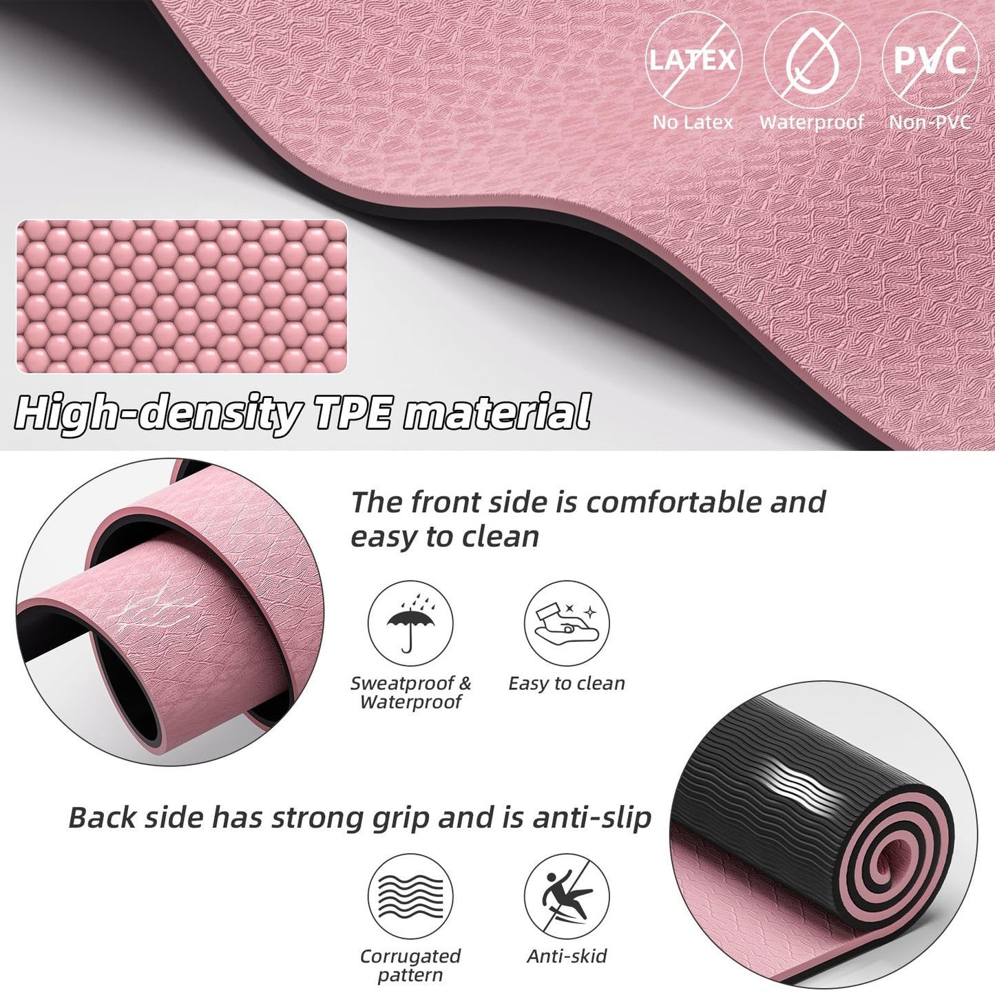 WUWAN Large Exercise Mat | 10mm Thick TPE Non-slip Gym Mats, Carrying Strap