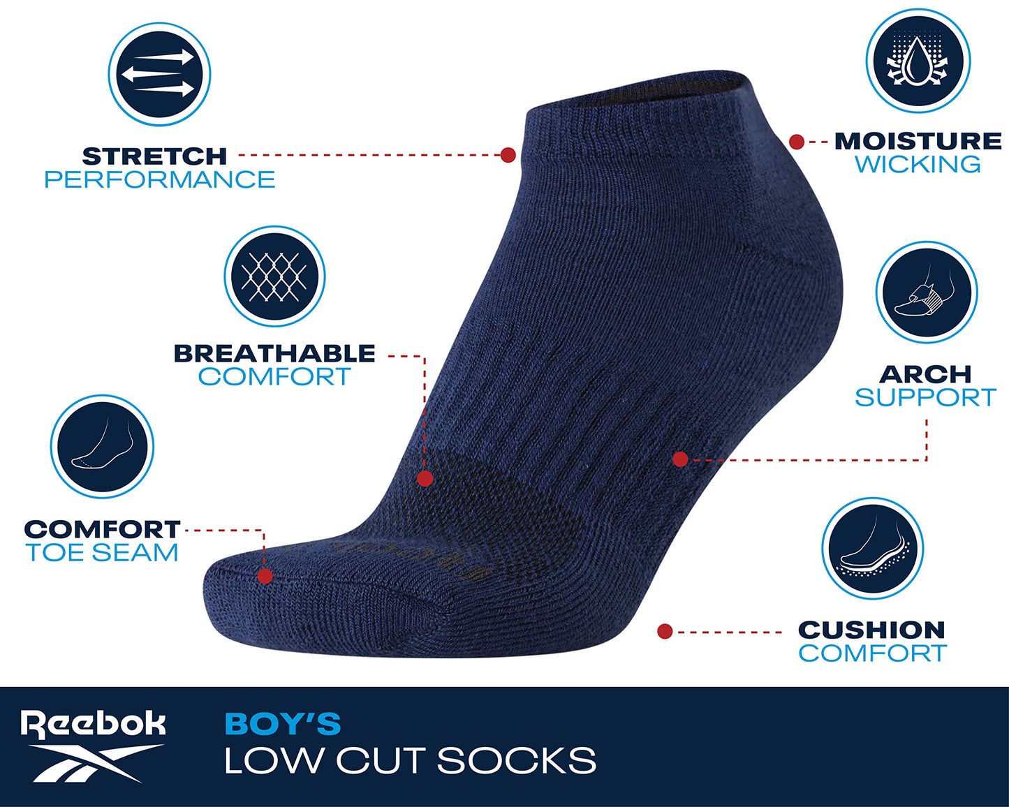 Reebok Boys Low Cut Socks - 12 Pack Stretch Performance No Show Socks with Arch Support - Cushioned Athletic Socks for Boys, Size Large, Black Logo