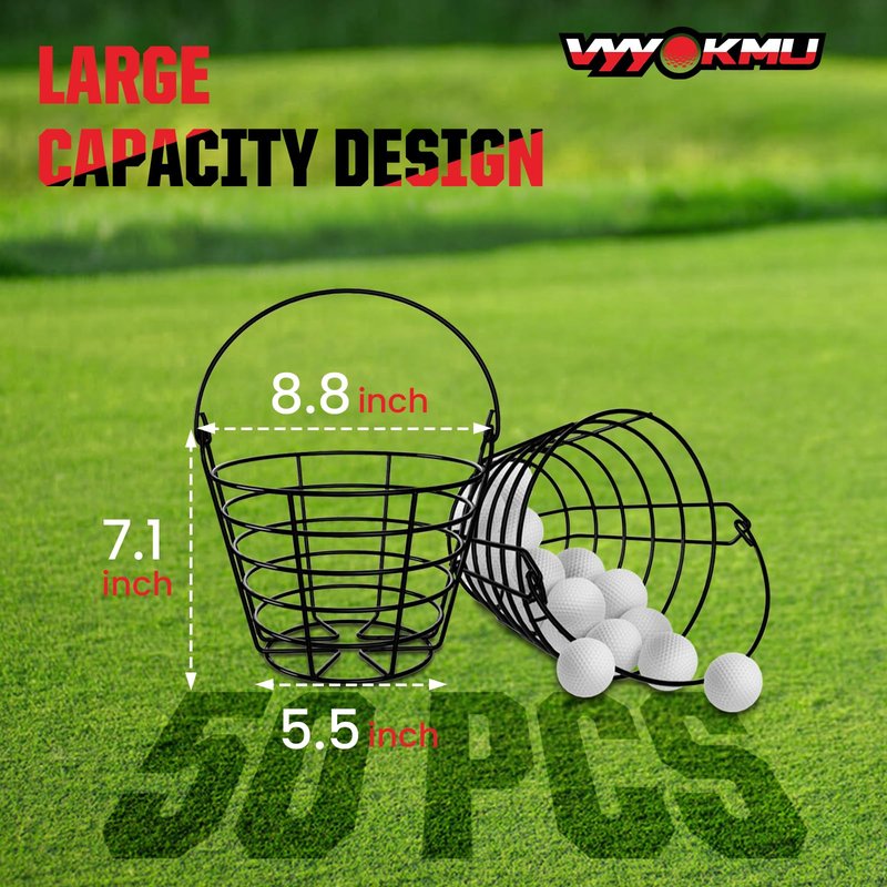 VYYOKMU Mental Golf Ball Basket with Handle, 2 Pack Golf Ball Buckets, Stainless Bucket of Golf Balls, Holds 50 Balls of Golf Ball Holder, Portable Metal Baskets for Storage for Golf Cart Accessories