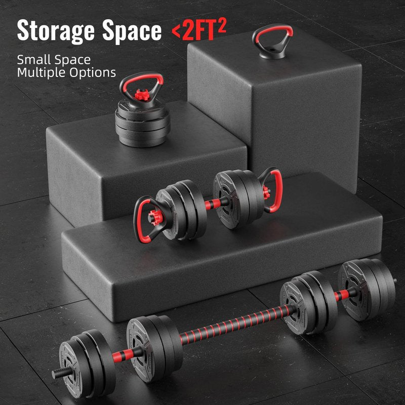 Fitvids Multi-Functional Changeable Dumbbell and Barbell Kettlebell Set with Adjustable Weights, 60LBS, 4 in 1