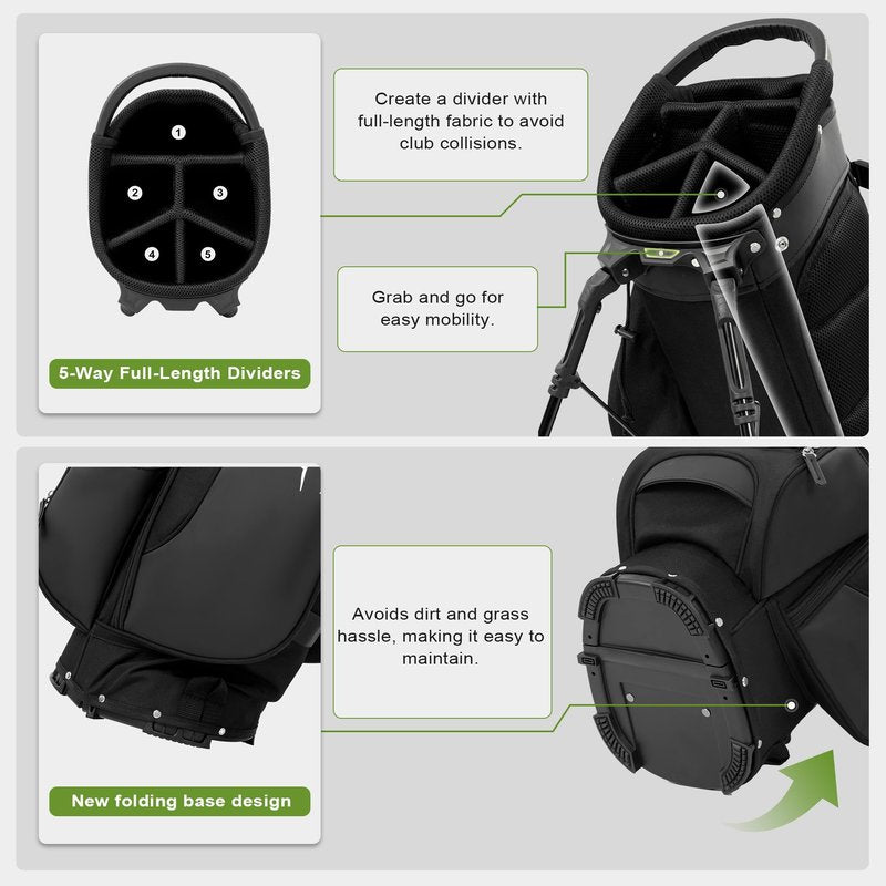 uniHimal Lightweight Golf Stand Bag with 5 Way Full-Length Dividers, Semi-Concealed Stand, Folding Base, Adjustable Dual Straps and 8 Pockets
