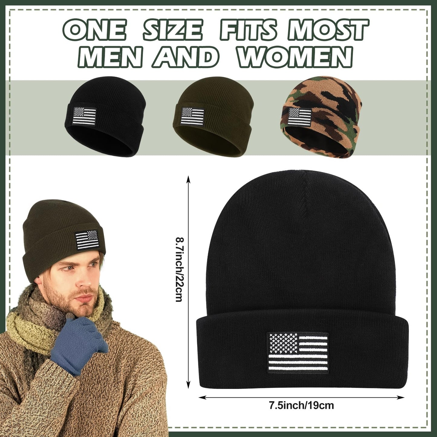 Liitrsh 3 Pcs Knitted Skull Beanie American Flag Military Beanie Hat Tactical Winter Warm Beanie Flag USA Acrylic Watch Cap for Men Women Hiking Outdoor