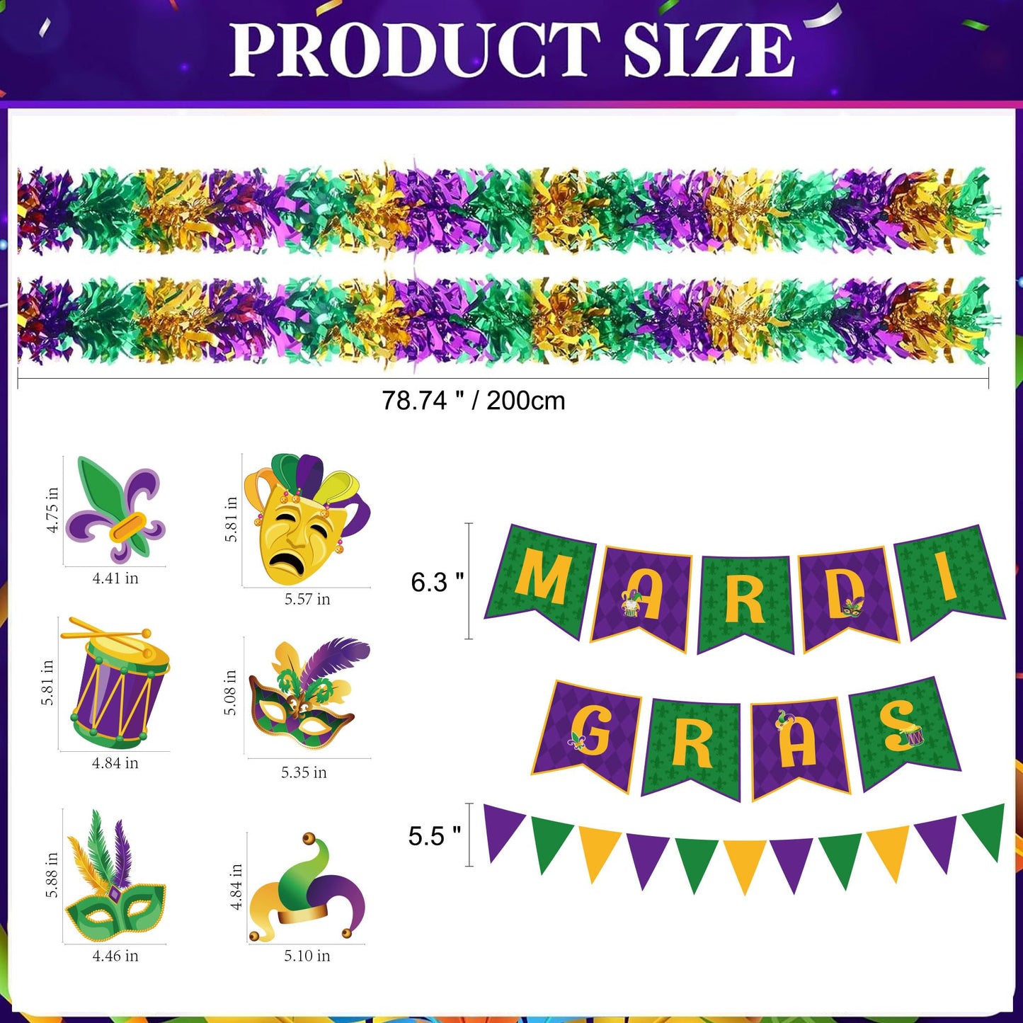 Pezutoi Mardi Gras Golf Cart Decorations Purple Green Gold Decor with Banner Tinsel Flags Garlands Cutouts