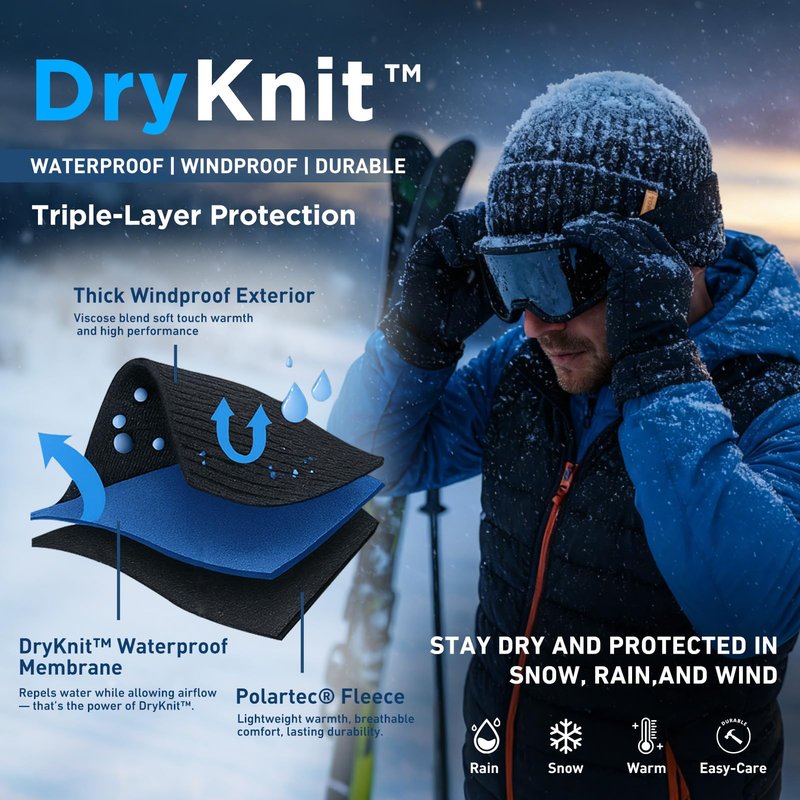TOP-EX DryKnit™ Waterproof L/XL/XXL Winter Fleece Lined Beanie Hat for Men Women Warm Knit Watch Skull Cap Cold Weather (US, Alpha, Medium, Large, Black(Sentinel))