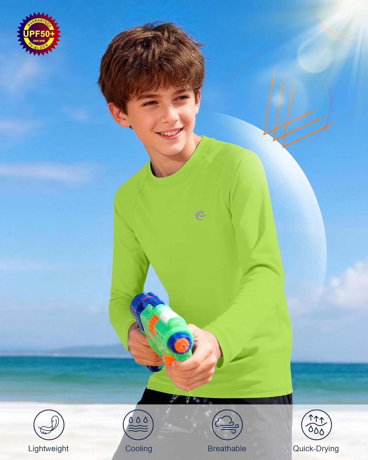Boys UPF 50+ Swim Shirt | Long Sleeve UV Sun Protection Rash Guard for Youth - 1 or 2 Pack