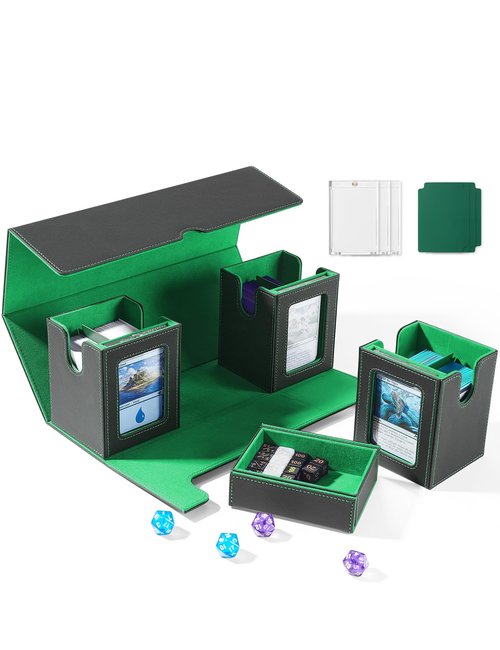 banloga Card Deck Box, 4-in-1 Card Deck Box Holds up to 3 Sets of Double-sleeved Cards, Magnetic Closure Commander Deck Box for TCG PTCG and Sports Cards (Black&Green)