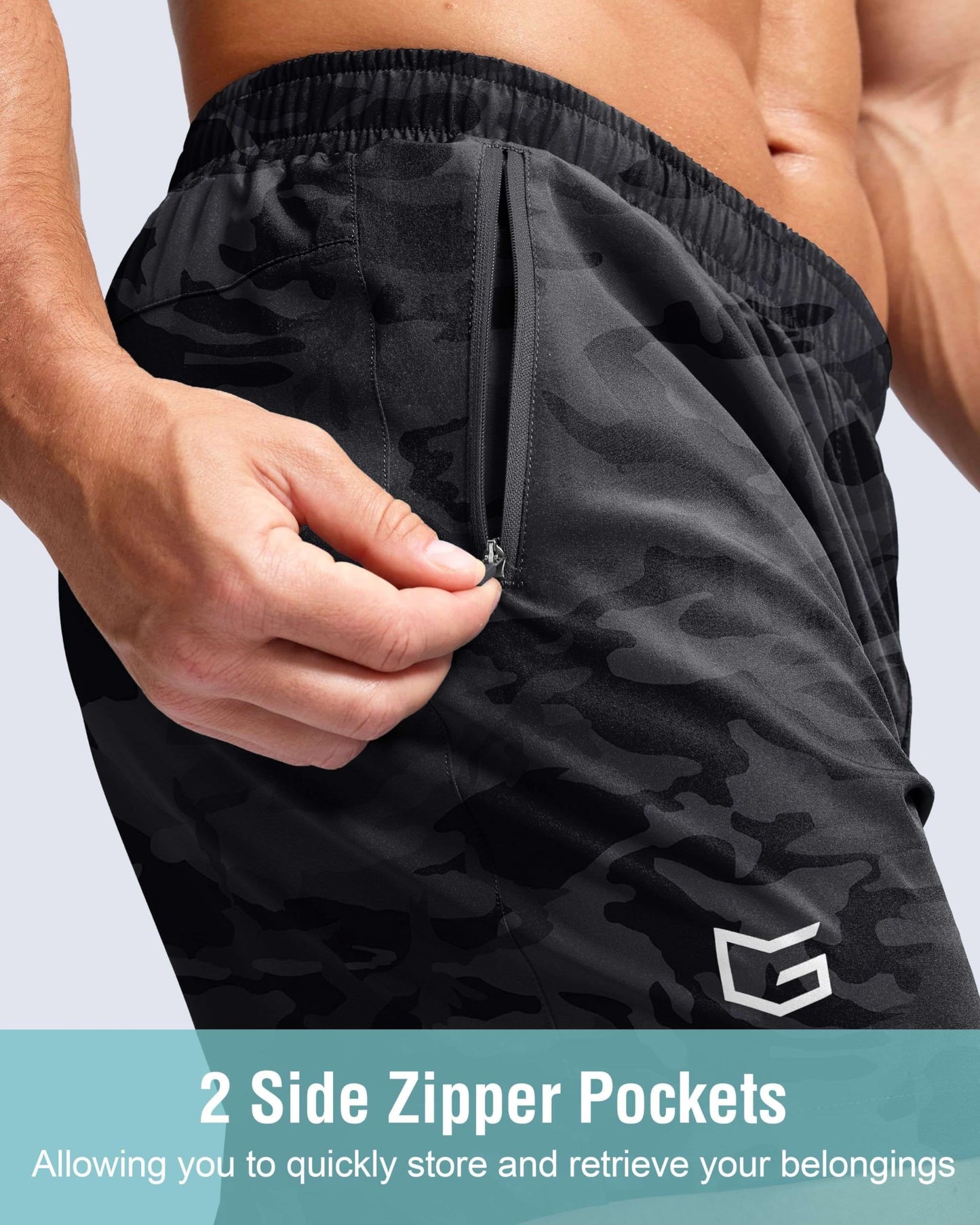 G Gradual Men's Athletic Running Shorts with Zipper Pockets Quick Dry 7"/ 5"/ 9" Workout Gym Shorts for Basketball Hiking(Grey Camo,5L)