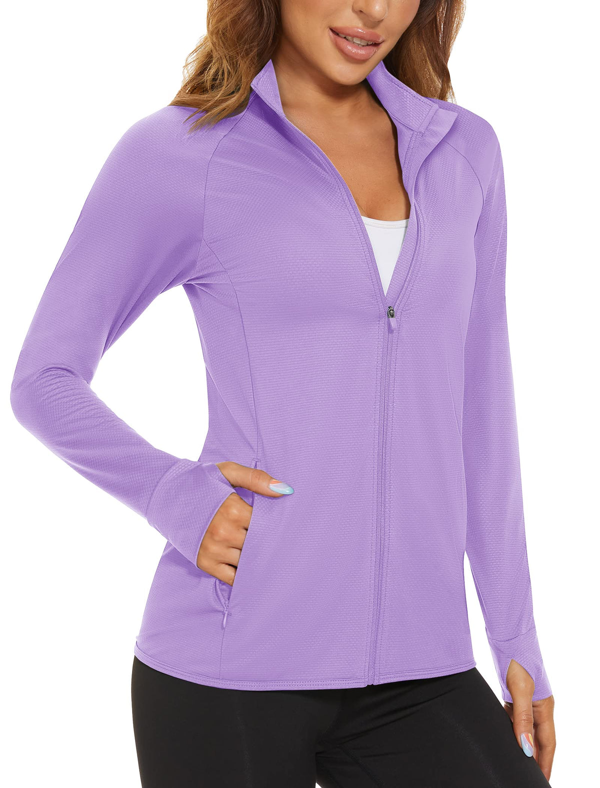 MAGCOMSEN Women's Hiking Jacket Lightweight Long Sleeve UPF 50+ Sun Protection Shirt Breathable SPF Shirts with Thumb Holes Light Purple 2XL