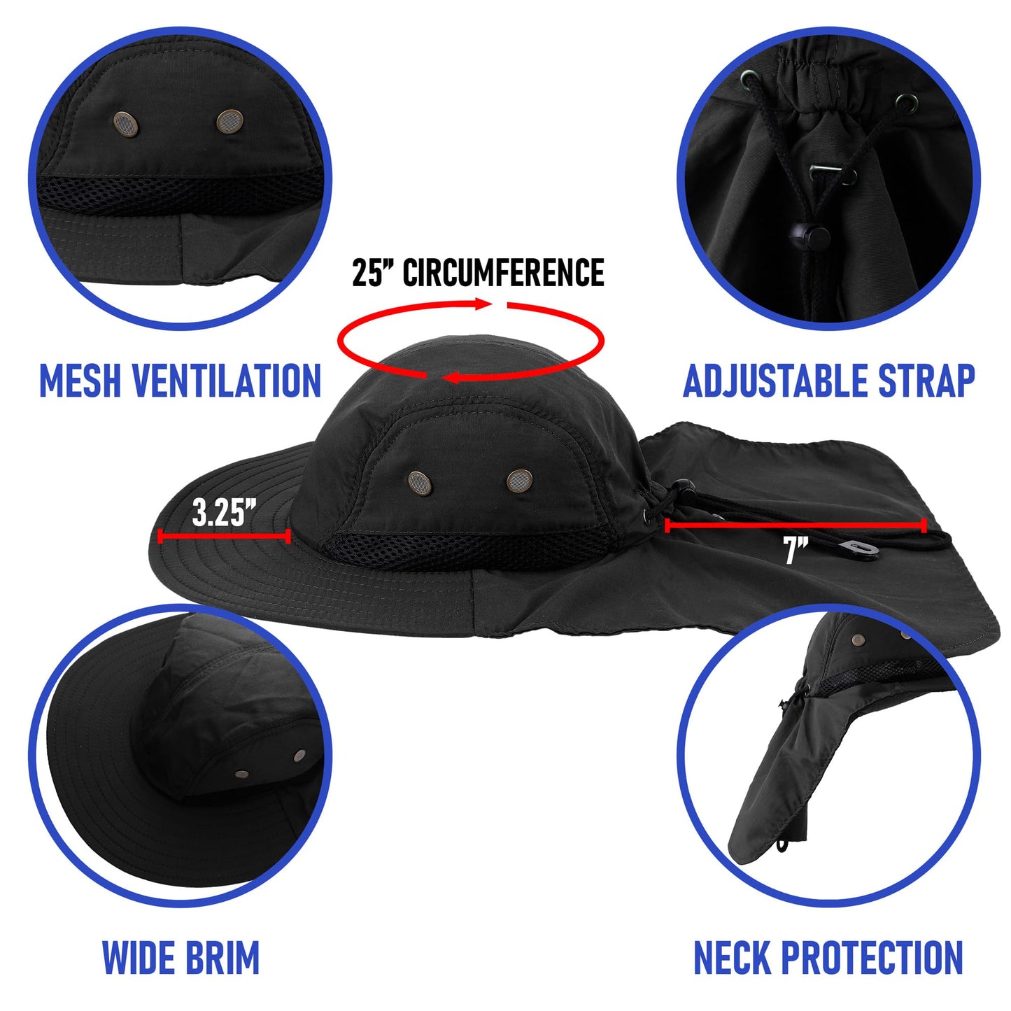 Falari Outdoor Sun Hat, Wide Brim with Neck Flap, Safari Hiking Gardening Fishing Hat - Black