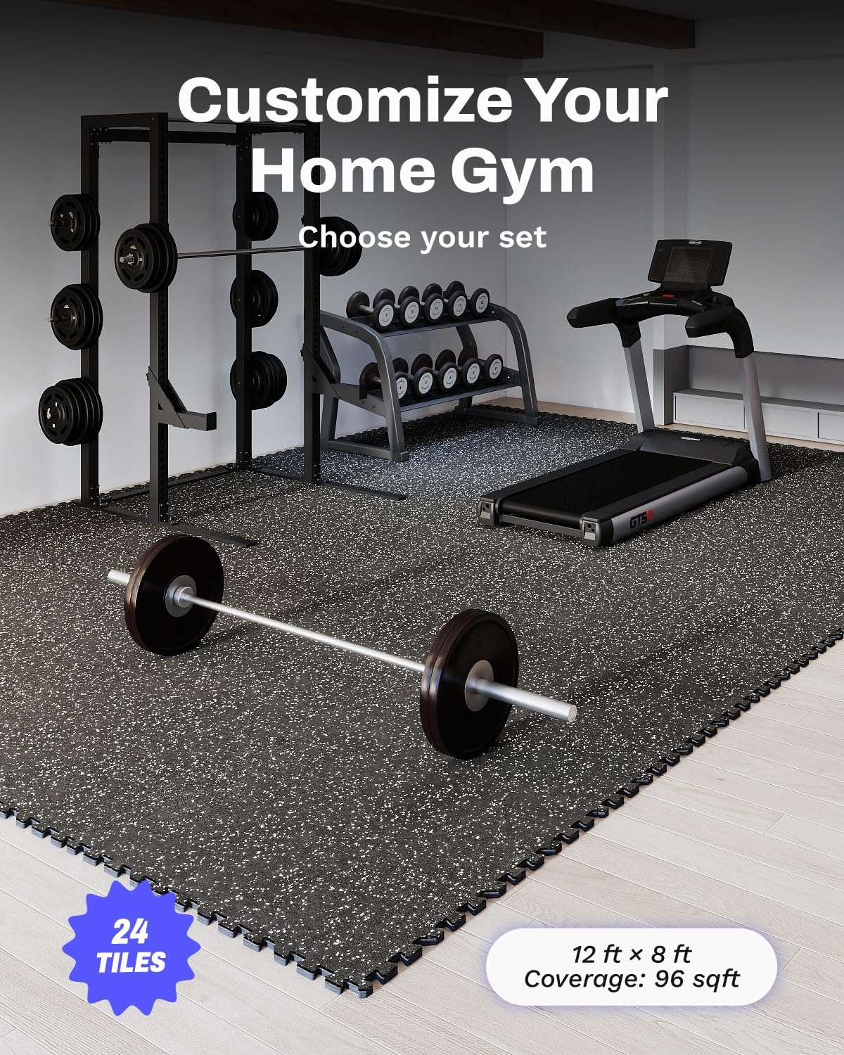 AIRHOP Exercise Equipment Mats - 0.56in Thick Interlocking Rubber Tiles | 24 x 24in, 96 Sq Ft Gym Flooring