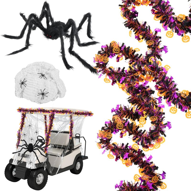 DANHMAO 34 PCS Halloween Golf Cart Decoration Kit Include Vibrant Purple & Yellow Streamers, Stretchy Spider Web, Small & Giant Spider for Halloween Car Parade Decor Indoor Outdoor