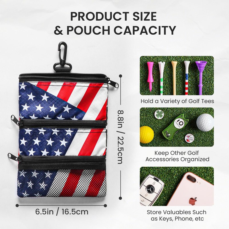 Amy Sport Golf Bag Accessories Valuables Pouch Bags Multi Pocket Zipper Hook with 10 Pcs Wood Golf Tees for Men Women (USA Flag)