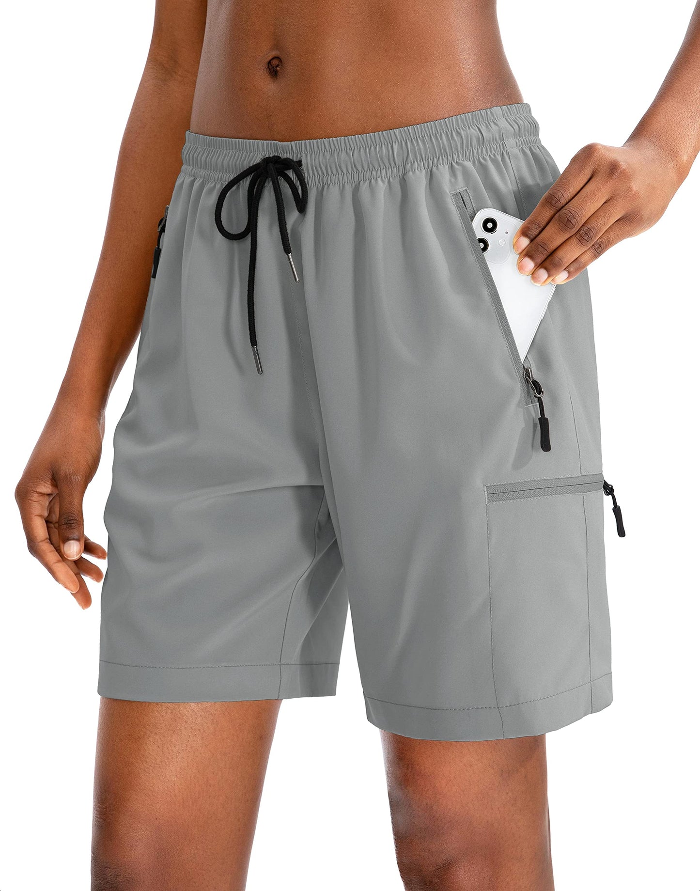 SANTINY Women's 5''/ 7''/9'' Hiking Cargo Shorts Quick Dry Lightweight Summer Shorts for Women Athletic Golf Zipper Pockets(Light Grey_XL)
