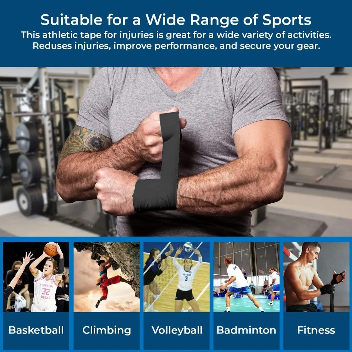 Athletic Tape – 3 Adhesive Rolls-1.5" x 15 Yards per roll -No-Sticky Residue – Black Medical Tape - Sport Tape -Skin Friendly, Use for Athletes,Coaches, Amateurs