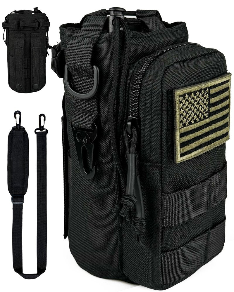 DEFUNX 32 Oz Water Bottle Holder with Strap Gym Accessories for Men Bottle Carrier Bag with Phone Pocket MOLLE System for Walking All Black