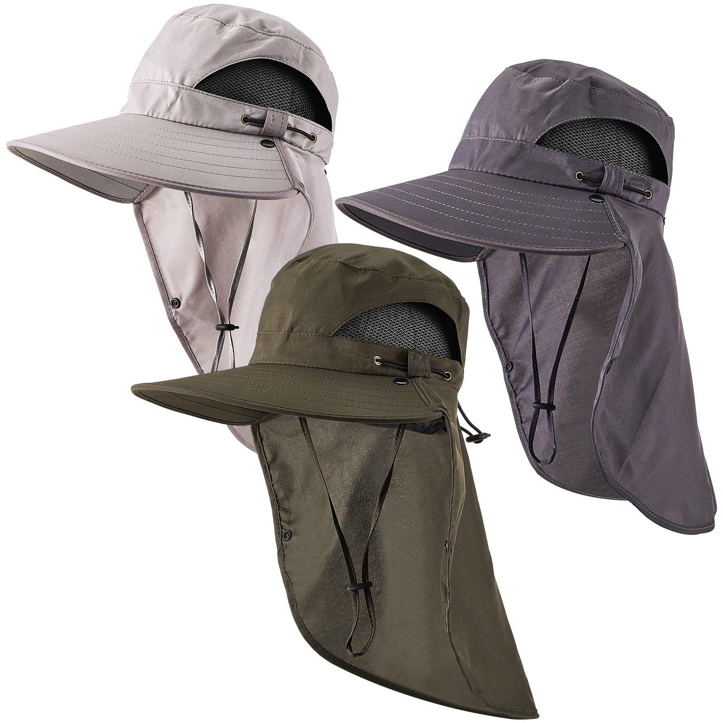 Cuffbow 3 Pcs Sun Hat for Men Women with Neck Flap Breathable Wide Brim Bucket Hat UV Protection UPF 50+ Fishing Hiking(Dark Gray, Gray, Army Green)