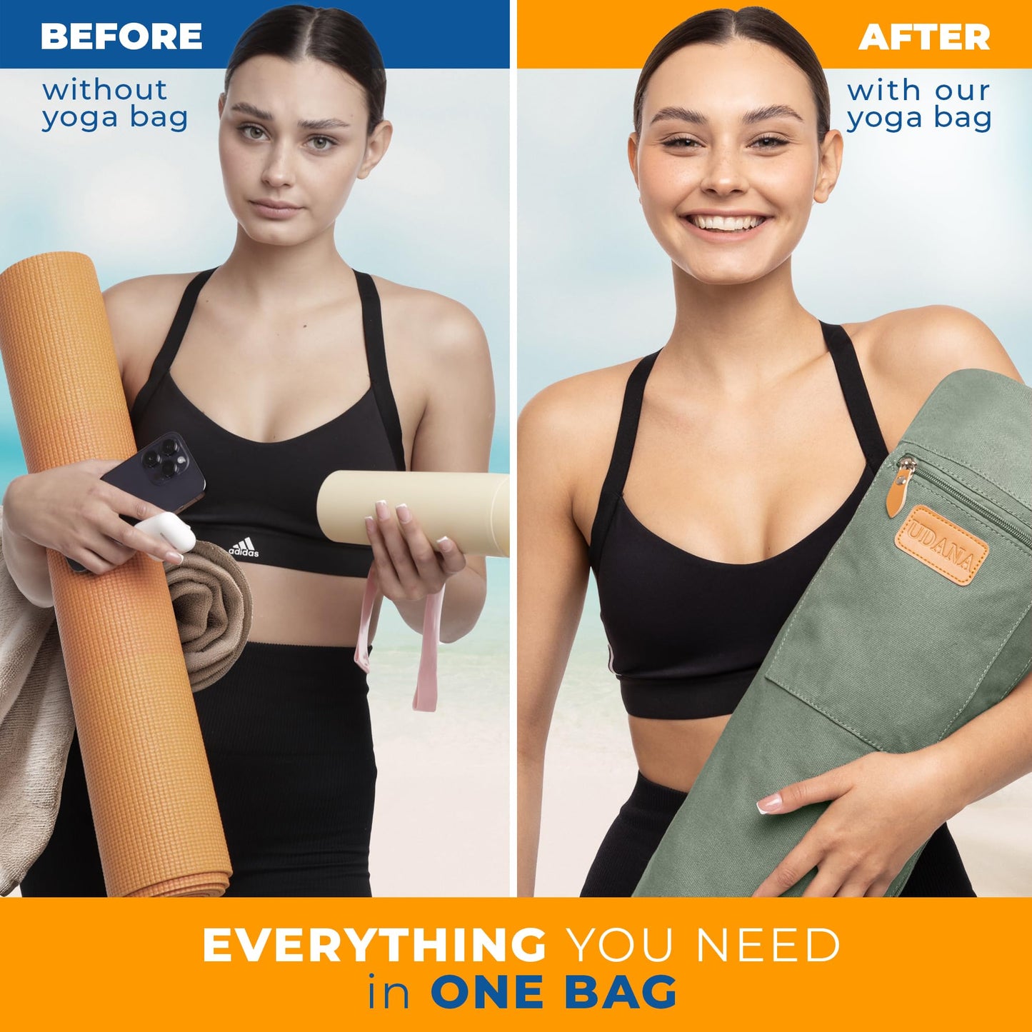 UDANA Green Yoga Mat Bag | Large Yoga Mat Bags for Women & Men | Fits Thick Yoga Mat & Yoga Accessories | Three Storage Pocket | Adjustable Yoga Bag Shoulder Strap | Great As Gym Bag