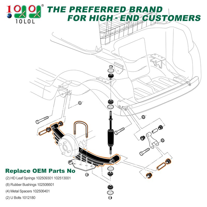 10L0L Golf Cart Heavy Duty 4-Leaf Rear Leaf Spring Kit for Club Car Precedent/Onward/Tempo 2004-up, with Bushings Sleeves U Bolts, Replace OEM 102509301 102513001